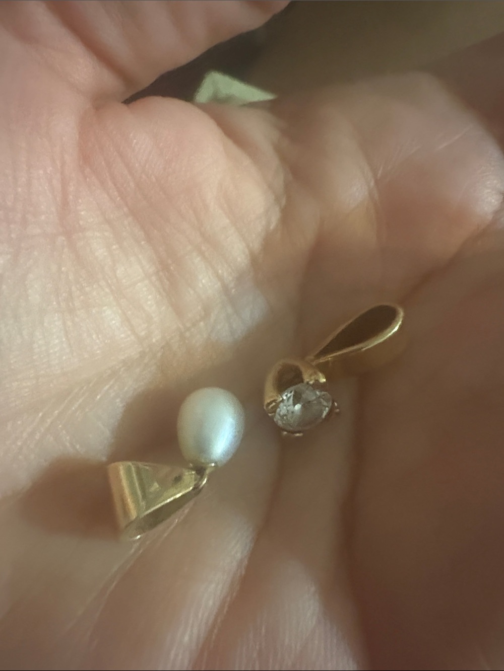 Zales Gold Pearl 10k pendant and 14k gold w big trillion Zircon Charms